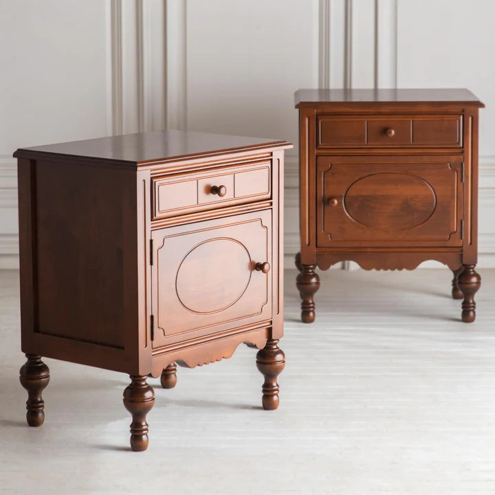 Carolina Bedside Table in Mango Wood | Drawer Storage |Door Storage | Carved Legs