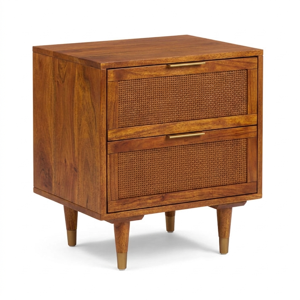 Florence Rattan Bedside Table | Mango Wood | Drawer Storage | Rattan Design | Custom Finish Available