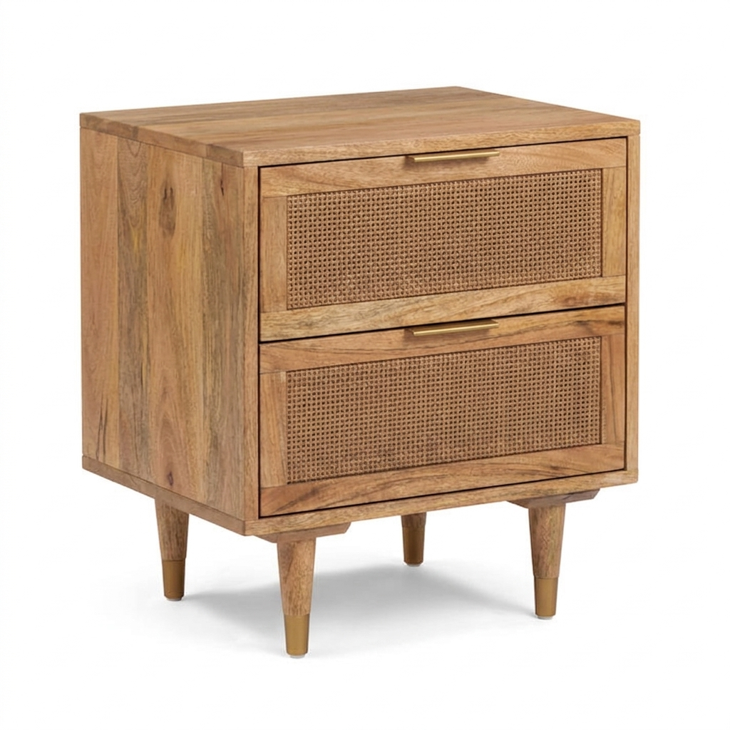 Florence Rattan Bedside Table | Mango Wood | Drawer Storage | Rattan Design | Custom Finish Available