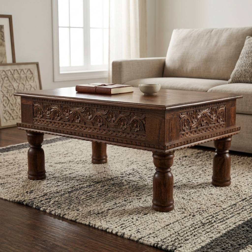 Verona Rustic Handcarved Wooden Coffee Table | Mango Wood