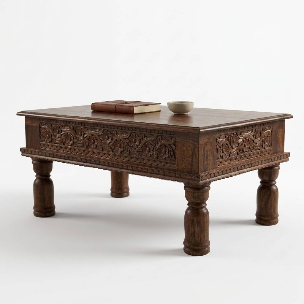 Verona Rustic Handcarved Wooden Coffee Table | Mango Wood