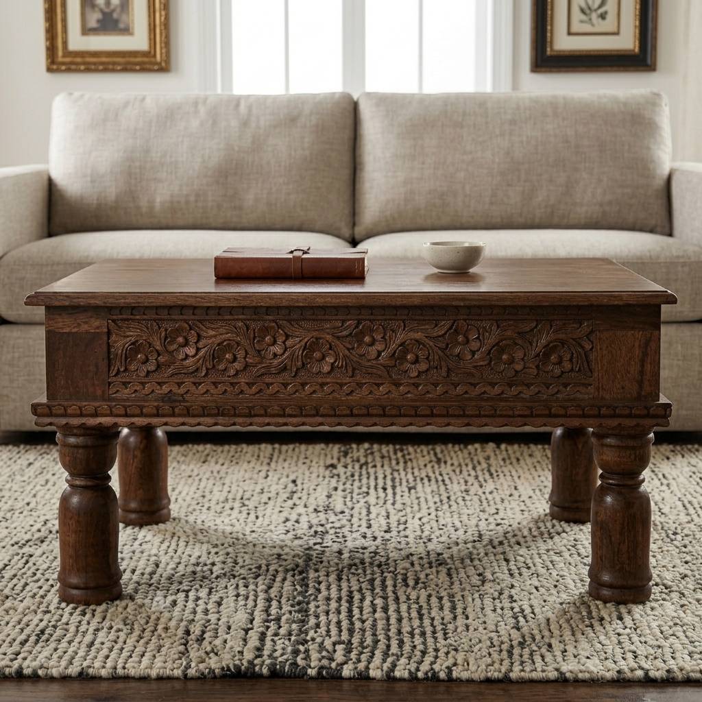 Verona Rustic Handcarved Wooden Coffee Table | Mango Wood