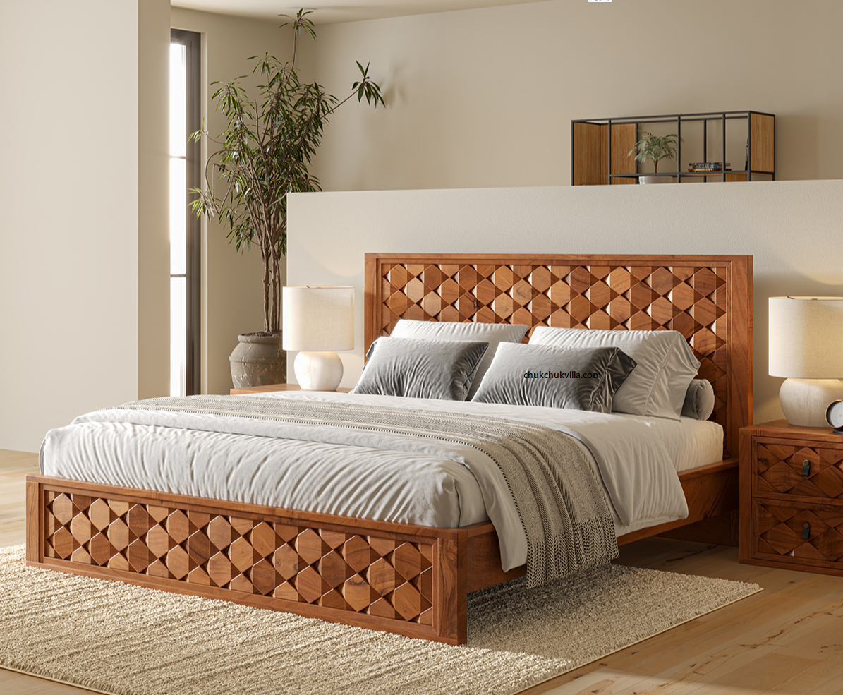 Modern Weave Pattern Solid Wood Bed