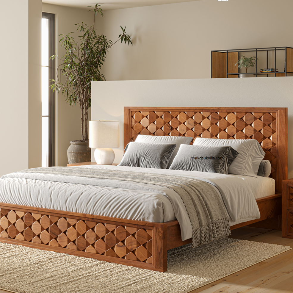 Modern Weave Pattern Solid Wood Bed