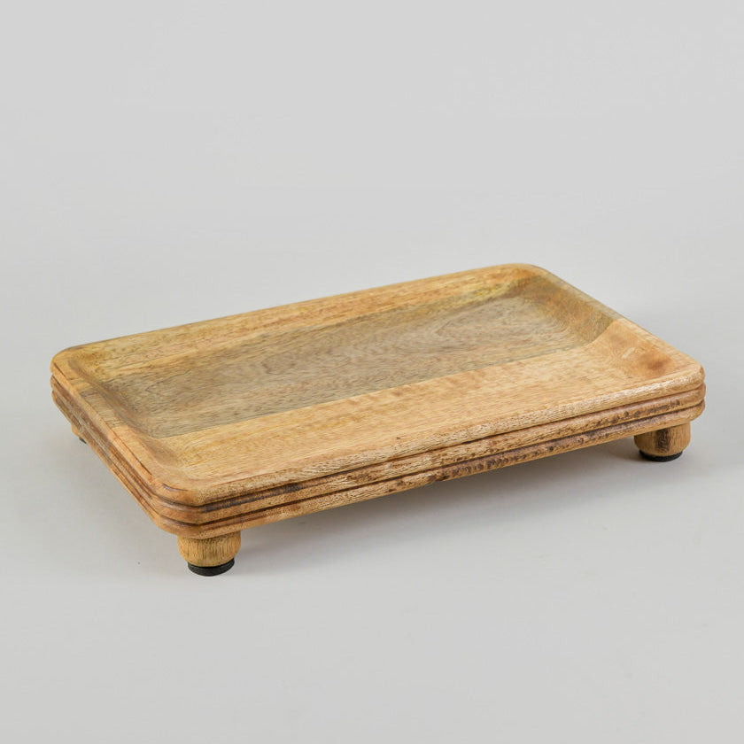 Premium Rectangular Footed Wooden Tray for Snacks & Drinks (Solid Wood, Brown)