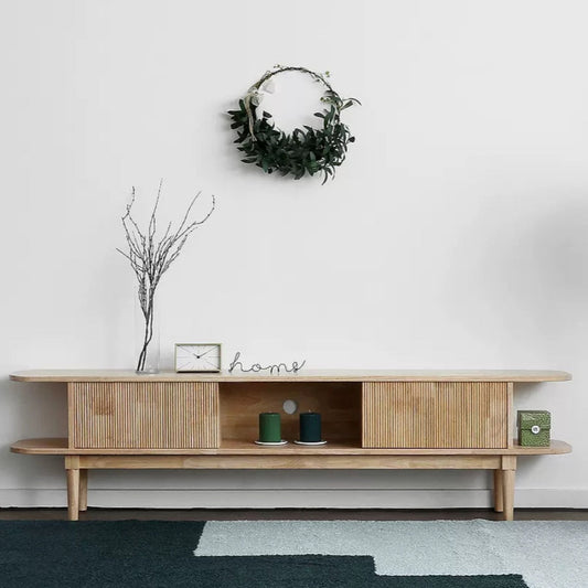 Mango Flute TV Cabinet with Flute Design Sliding Door -  Natural Finish