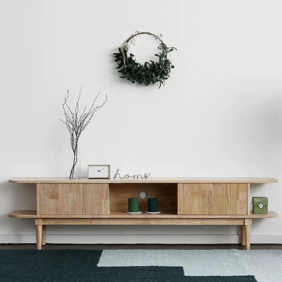 Mango Flute TV Cabinet with Flute Design Sliding Door -  Natural Finish