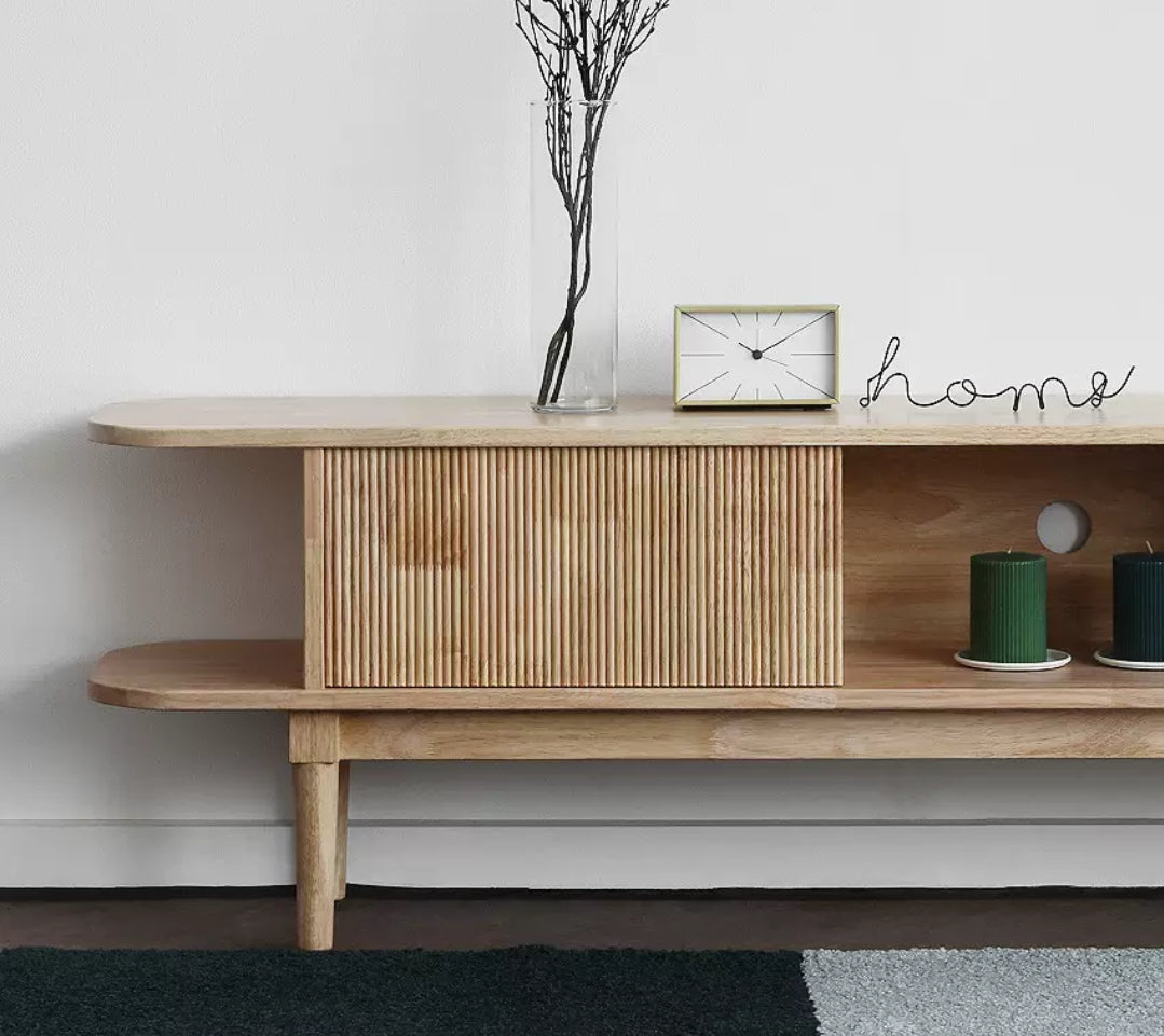 Mango Flute TV Cabinet with Flute Design Sliding Door -  Natural Finish