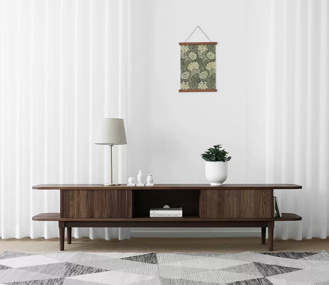 Mango Flute TV Cabinet with Flute Design Sliding Door -  Natural Finish