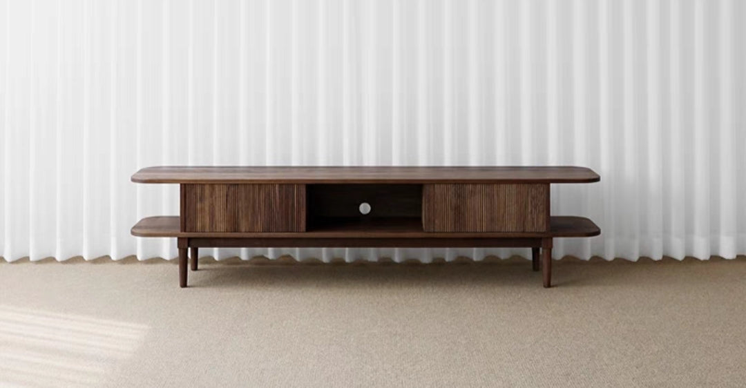 Mango Flute TV Cabinet with Flute Design Sliding Door -  Natural Finish