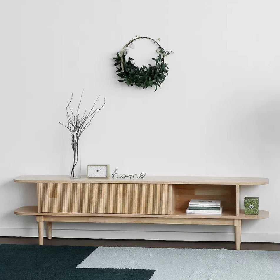 Mango Flute TV Cabinet with Flute Design Sliding Door -  Natural Finish