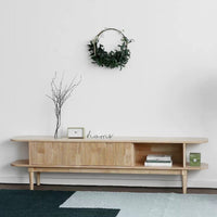 Mango Flute TV Cabinet with Flute Design Sliding Door -  Natural Finish