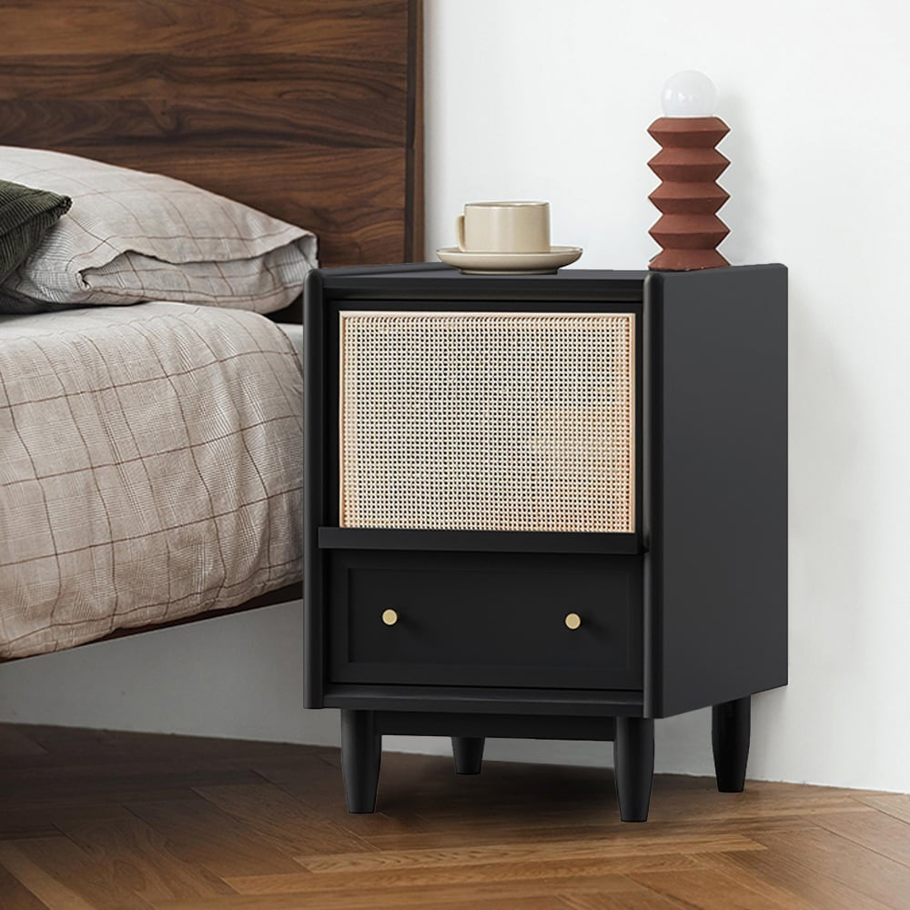 Rustic Charm Rattan Wooden Bedside Table - Acacia Wood