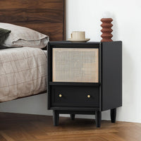 Rustic Charm Rattan Wooden Bedside Table - Acacia Wood