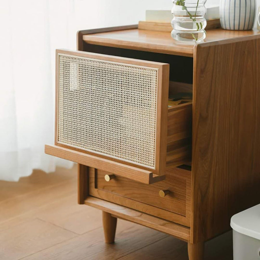 Rustic Charm Rattan Wooden Bedside Table - Acacia Wood