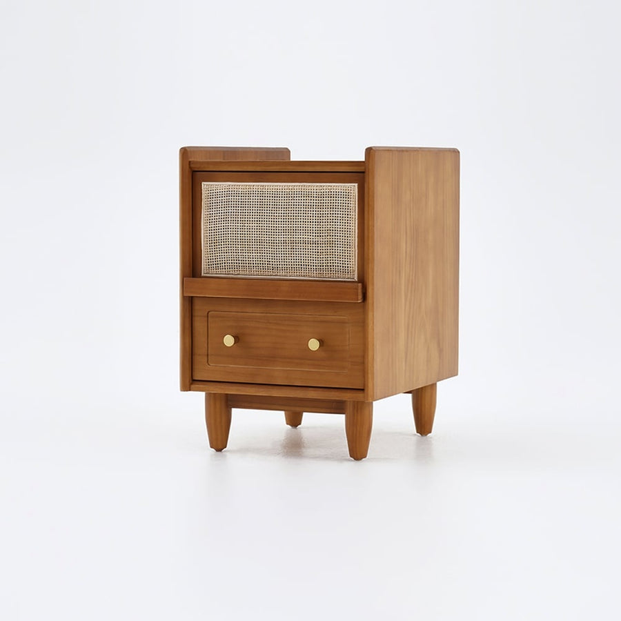 Rustic Charm Rattan Wooden Bedside Table - Acacia Wood