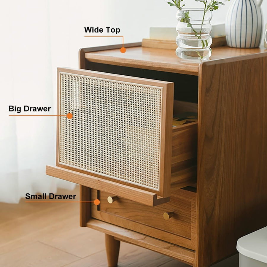 Rustic Charm Rattan Wooden Bedside Table - Acacia Wood