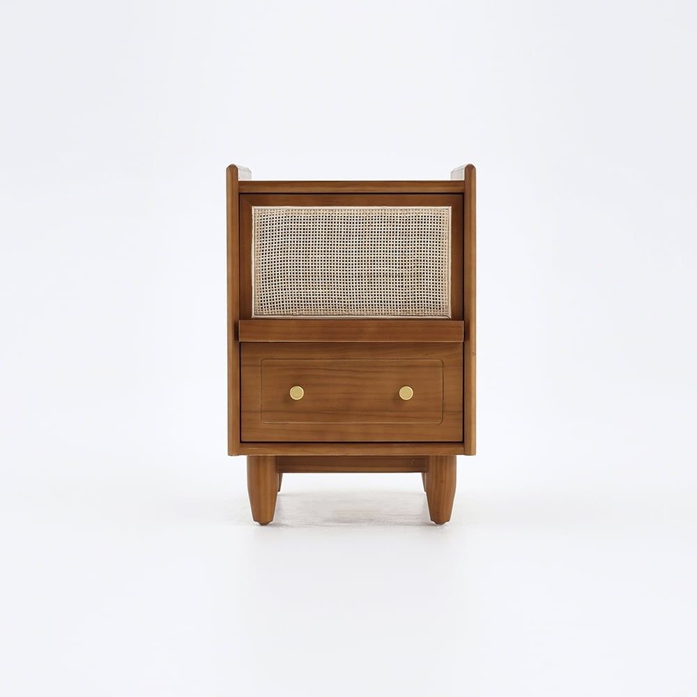 Rustic Charm Rattan Wooden Bedside Table - Acacia Wood