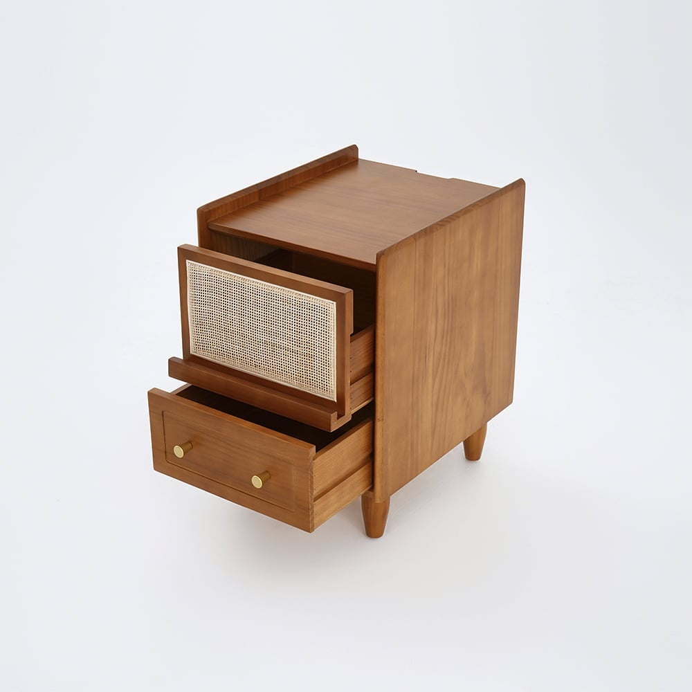 Rustic Charm Rattan Wooden Bedside Table - Acacia Wood
