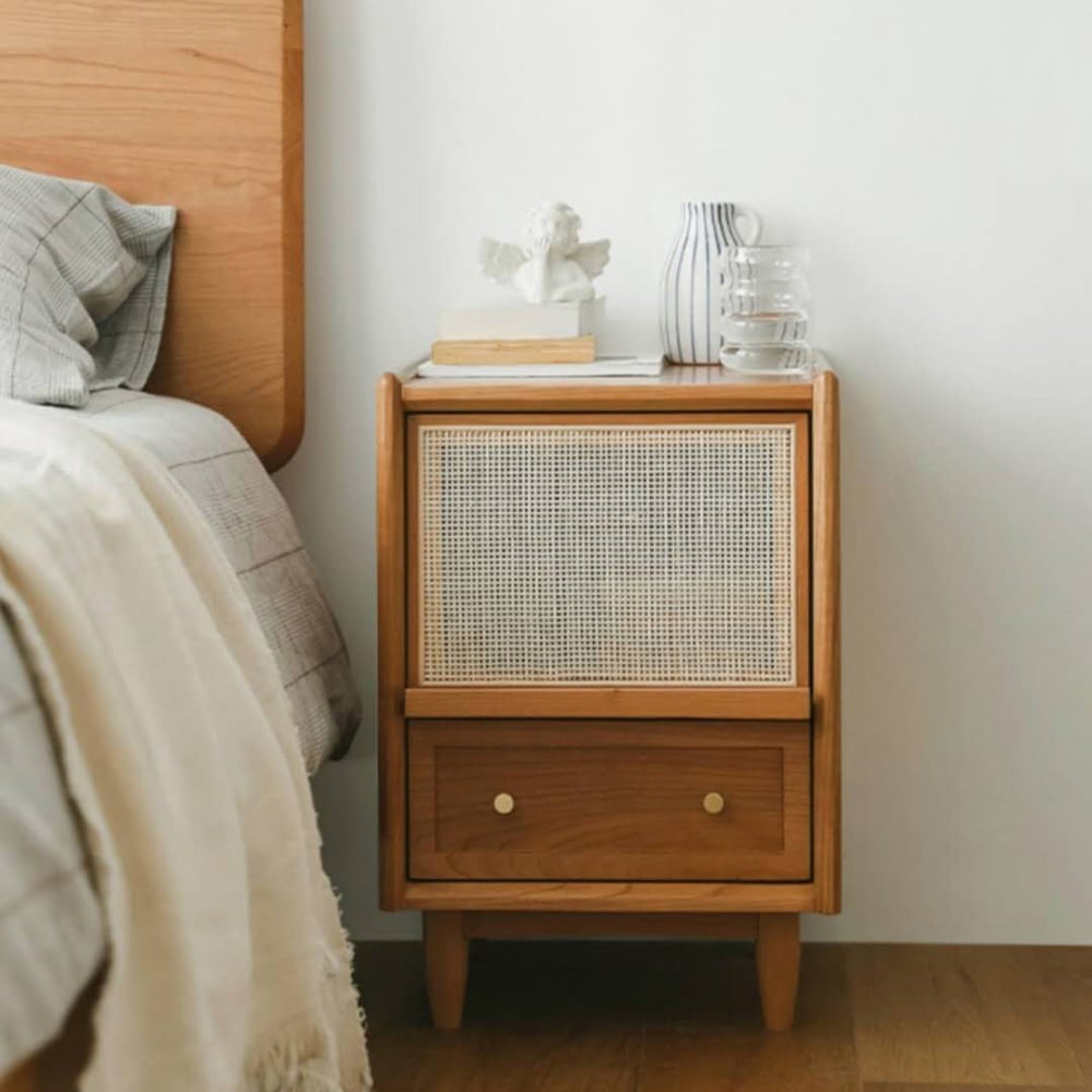 Rustic Charm Rattan Wooden Bedside Table - Acacia Wood