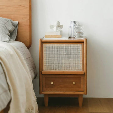 Rustic Charm Rattan Wooden Bedside Table - Acacia Wood