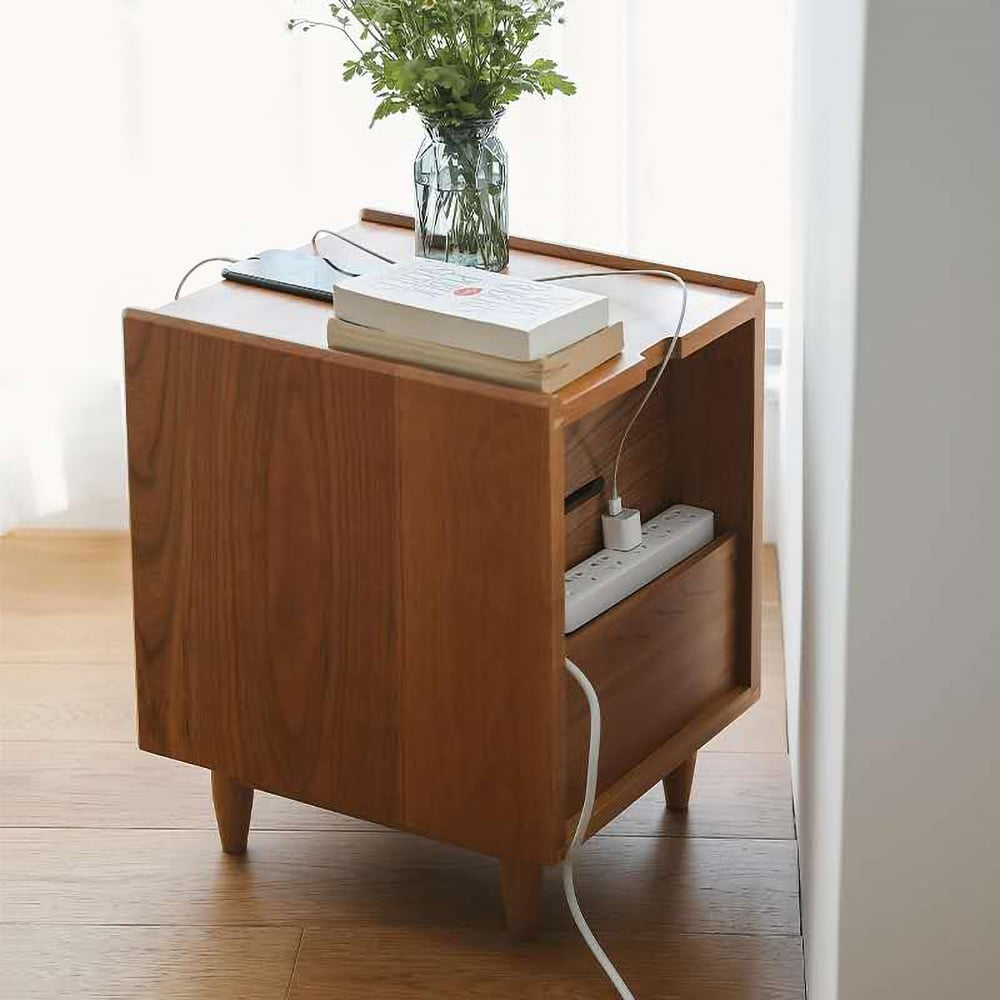 Rustic Charm Rattan Wooden Bedside Table - Acacia Wood