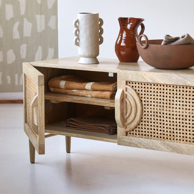 Sina TV Stand in Solid Mango Wood and Rattan