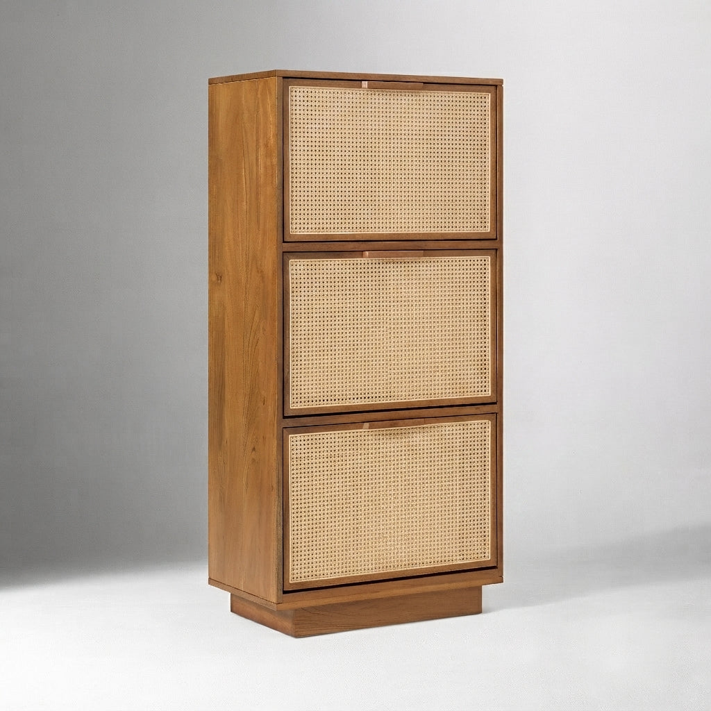 Solid Wood Pivot Shoe Rack in Mango Wood & Natural Cane