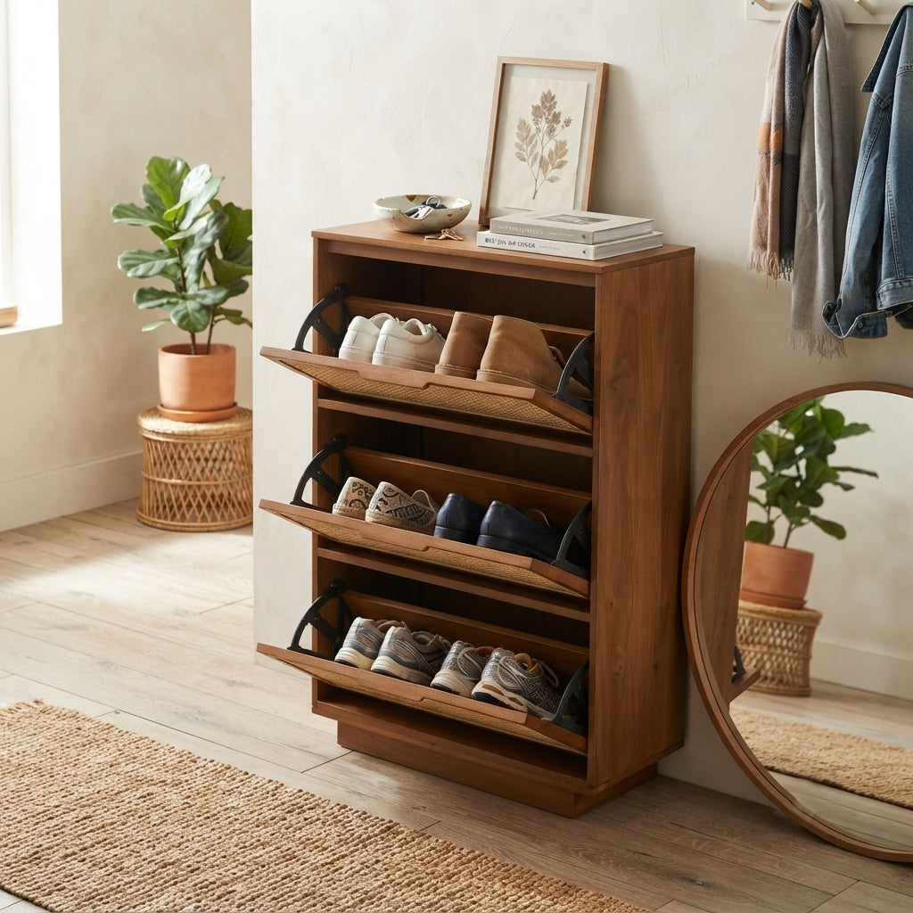 Solid Wood Pivot Shoe Rack in Mango Wood & Natural Cane