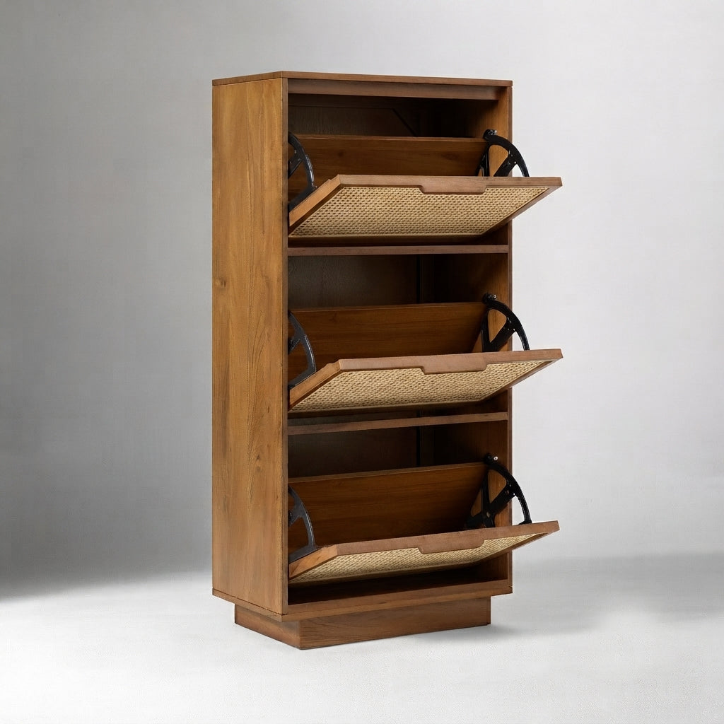 Solid Wood Pivot Shoe Rack in Mango Wood & Natural Cane