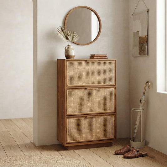 Solid Wood Pivot Shoe Rack in Mango Wood & Natural Cane