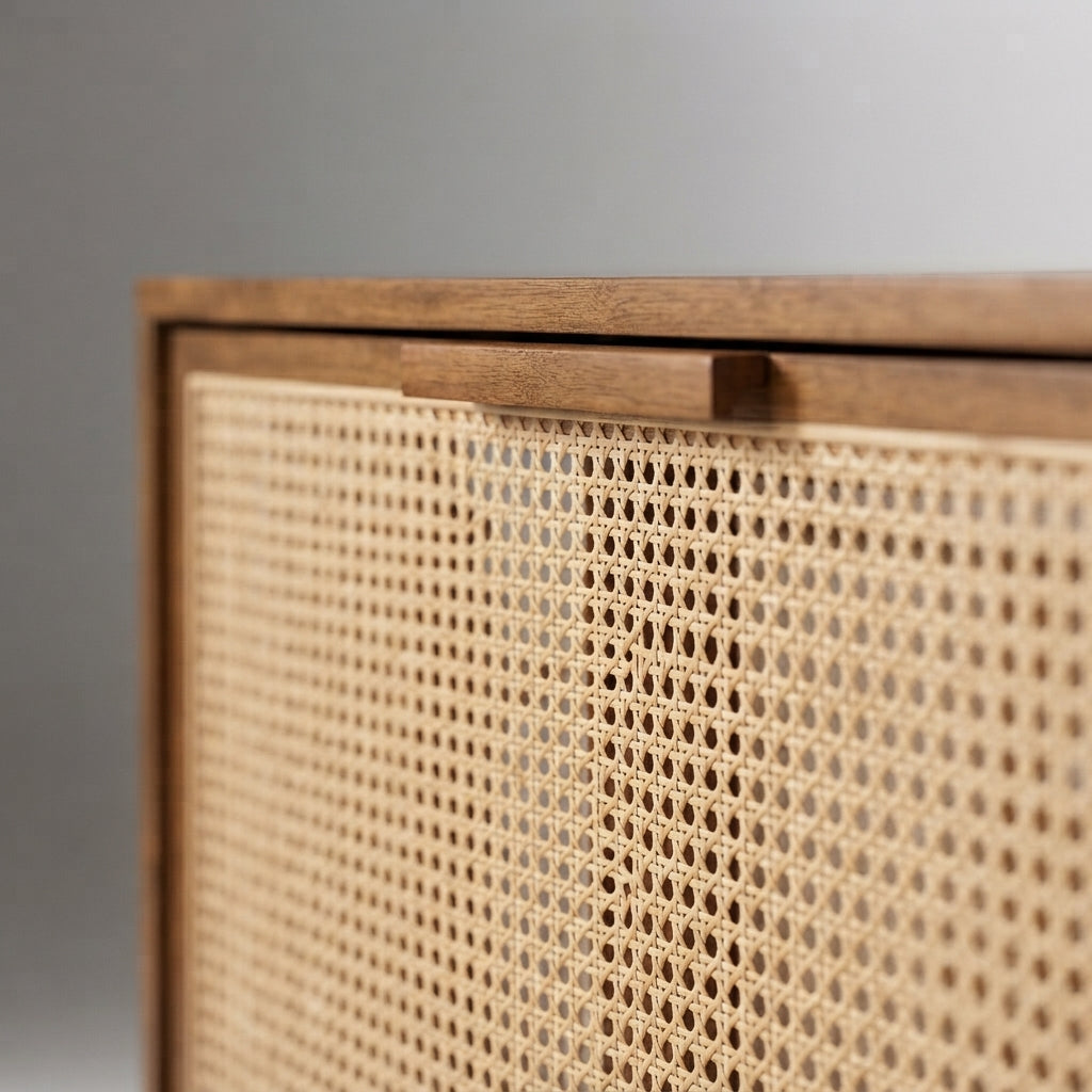 Solid Wood Pivot Shoe Rack in Mango Wood & Natural Cane