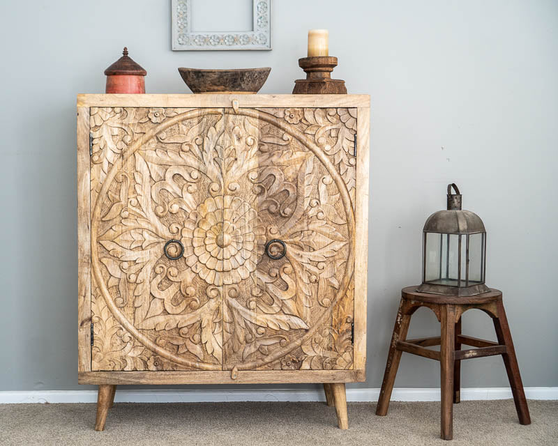 Hand Carved Artisanal Wood Cabinet