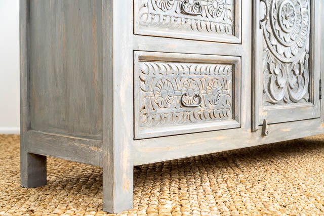 Hand Carved Grey Mystic Sideboard-Solid Wood