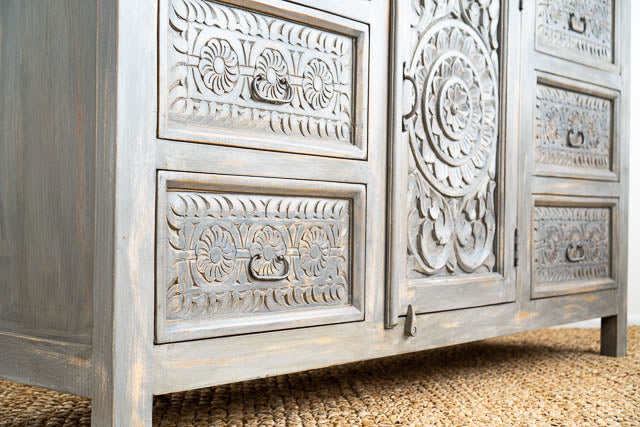 Hand Carved Grey Mystic Sideboard-Solid Wood