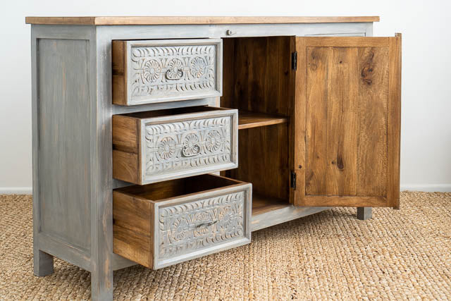 Hand Carved Grey Mystic Sideboard-Solid Wood