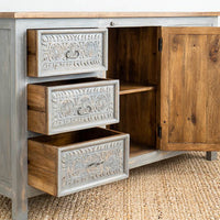 Hand Carved Grey Mystic Sideboard-Solid Wood