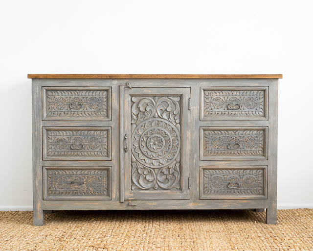 Hand Carved Grey Mystic Sideboard-Solid Wood