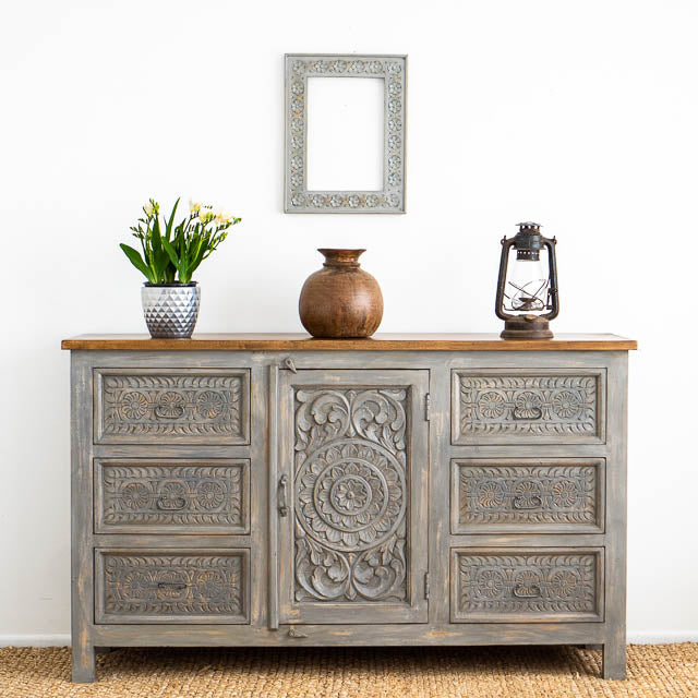 Hand Carved Grey Mystic Sideboard-Solid Wood