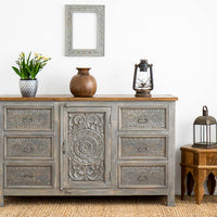 Hand Carved Grey Mystic Sideboard-Solid Wood