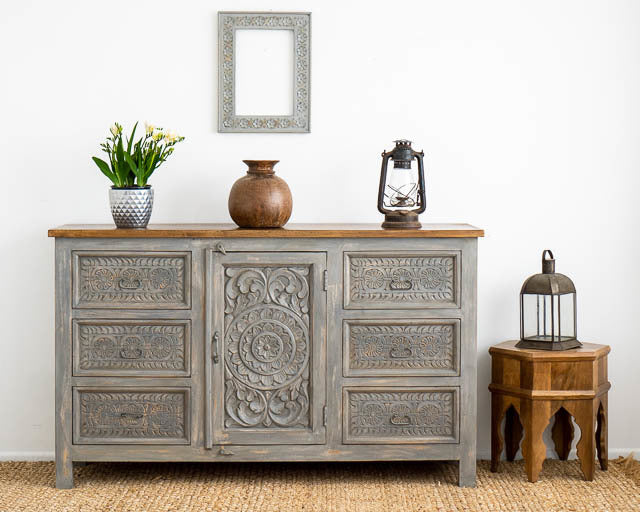 Hand Carved Grey Mystic Sideboard-Solid Wood