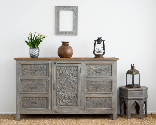 Hand Carved Grey Mystic Sideboard-Solid Wood