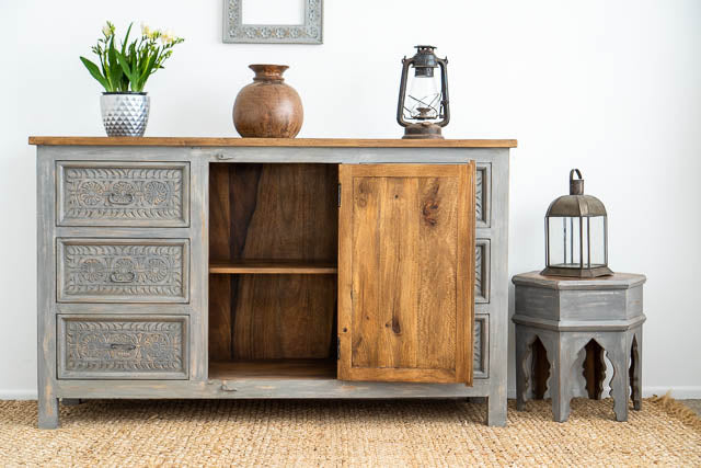Hand Carved Grey Mystic Sideboard-Solid Wood
