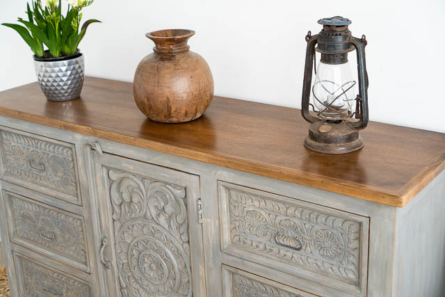 Hand Carved Grey Mystic Sideboard-Solid Wood