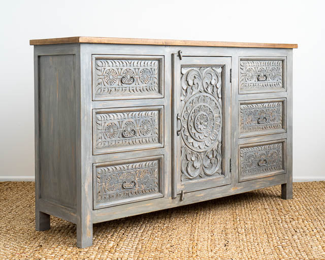 Hand Carved Grey Mystic Sideboard-Solid Wood