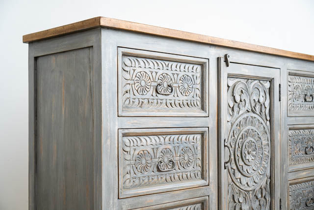 Hand Carved Grey Mystic Sideboard-Solid Wood