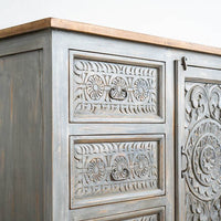 Hand Carved Grey Mystic Sideboard-Solid Wood