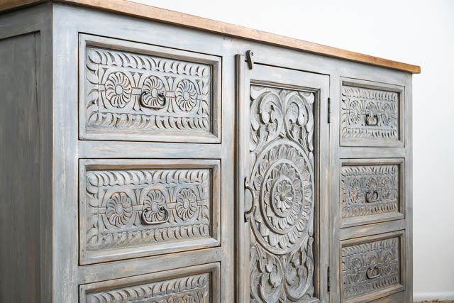 Hand Carved Grey Mystic Sideboard-Solid Wood