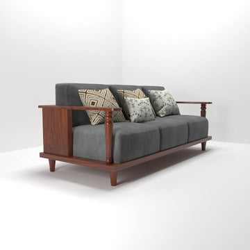 Graphite 3 Seater Wooden Sofa for Living Room | Upholstery Color - Carbon Black | Honey Finish