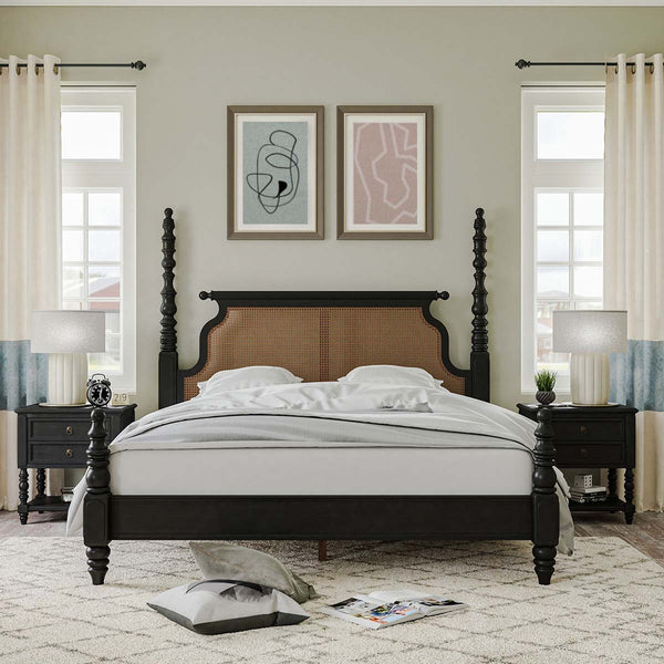 Ashley Solid Wood Rattan Poster Bed